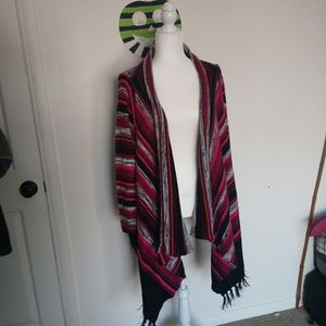 Pink Gray striped Fringe Plus Size Cardigan